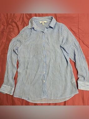 Cotton-Blend Blue & White Stripe Button-Down Blouse